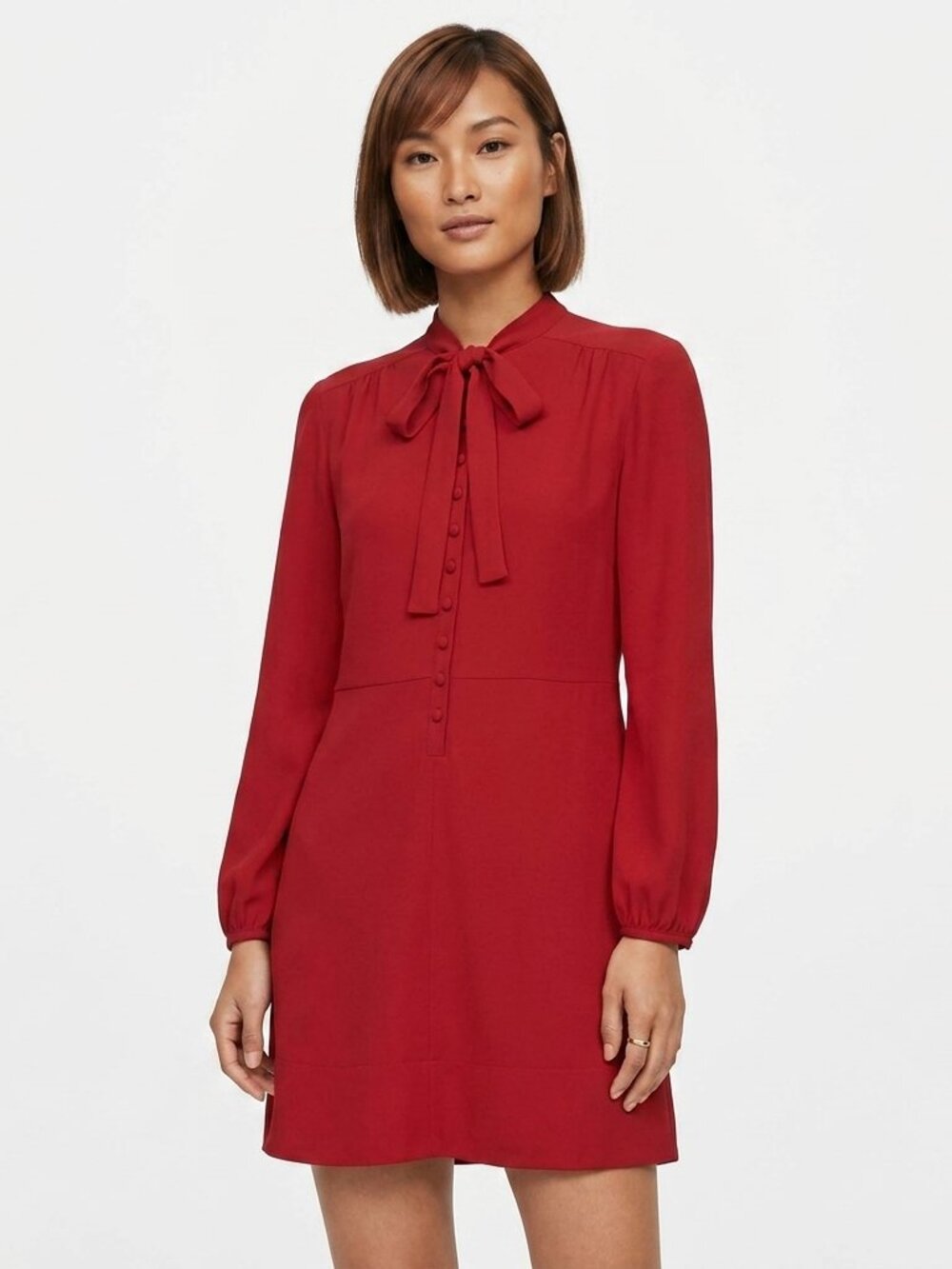 Zara Woman Red Tie Neck Button Front Mini Dress L NWT